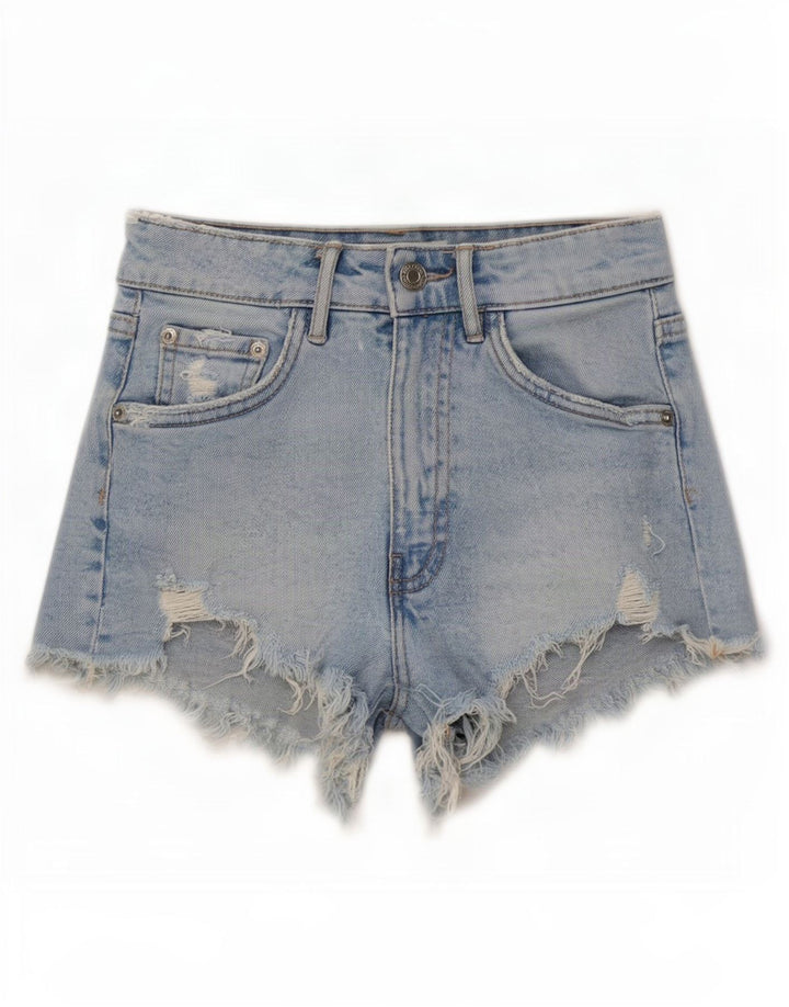 Zara Dame Distressed Denim Shorts EU 32 2XS W22 Blå