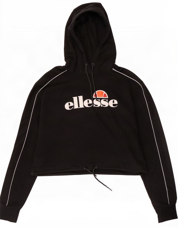 Ellesse Womens Crop Graphic Hoodie Jumper UK 12 Medium Black Bomuld