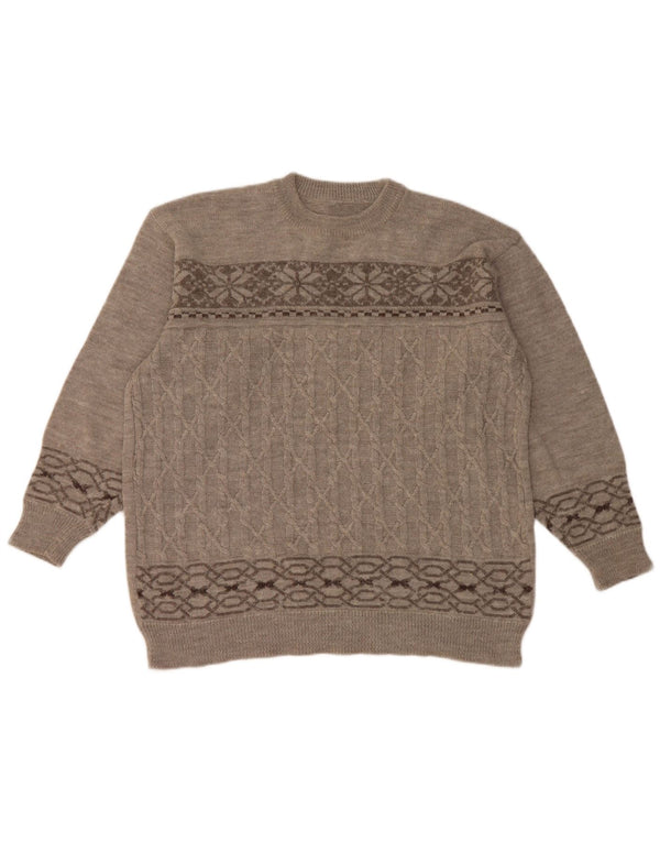 Vintage Mens Crew Neck Jumper Sweater Large Grey Fair Isle