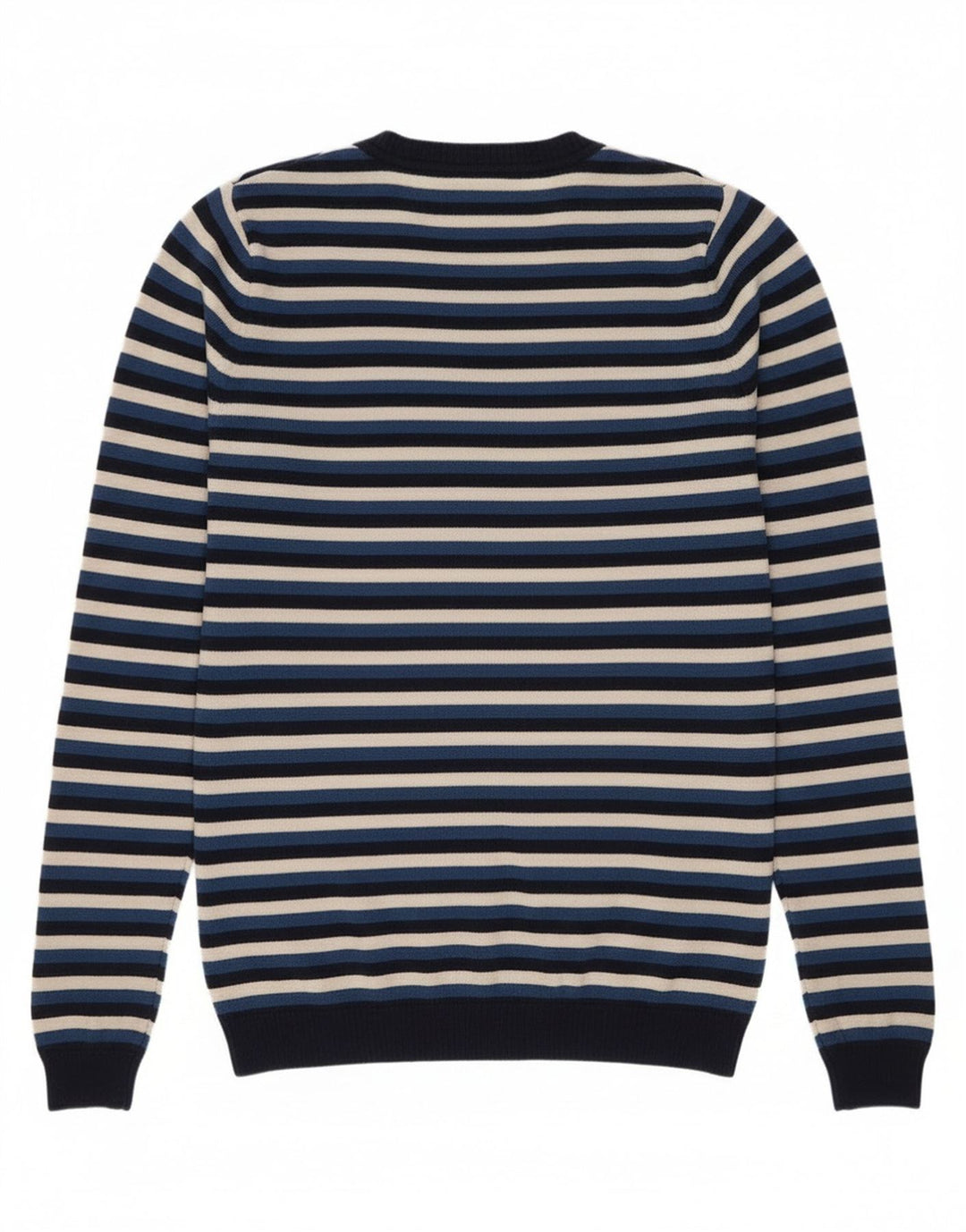 Lacoste dametrøje med V-hals str. 38 Mellem marineblå stribet uld