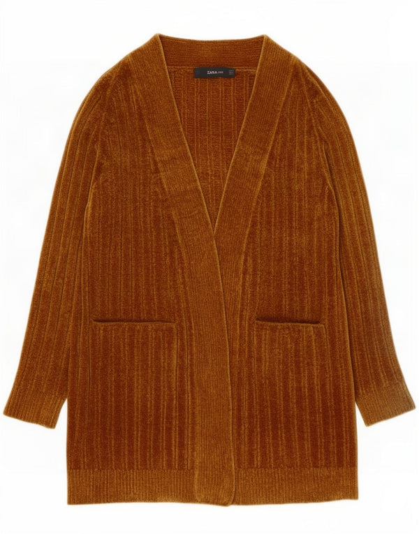 Zara Dame Longline Velour Åben Cardigan Sweater UK 14 Medium Brun