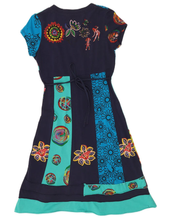 Vintage Womens Graphic A-Line Dress UK 10 Small Navy Blue Floral Cotton