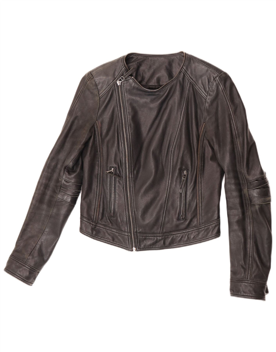 Max Womens Crop Biker Læderjakke UK 12 Medium Sort Læder