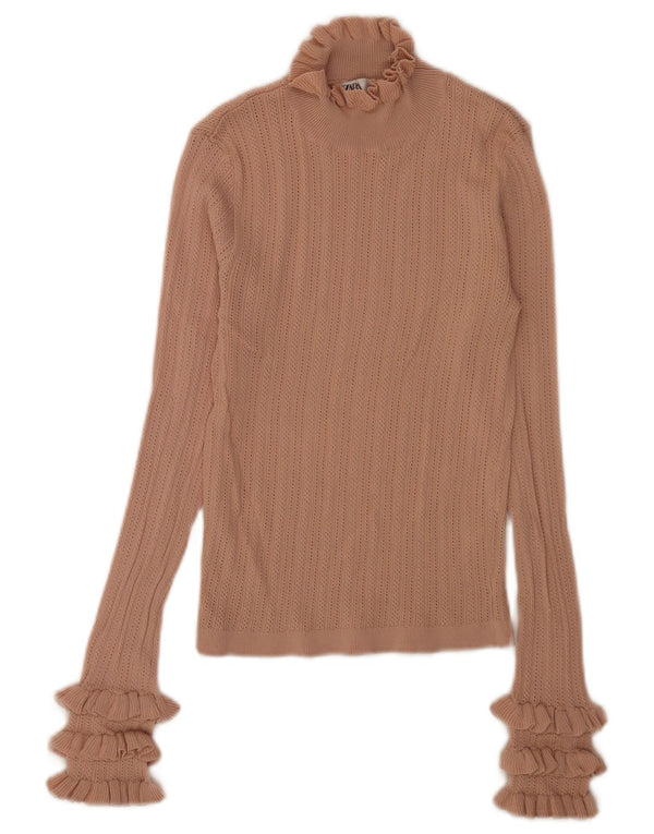 Zara Womens Crop Top Langærmet UK 10 Small Beige Viscose