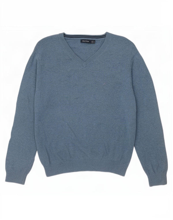 Nautica Mens V-Neck Jumper Sweater Large Blue Cotton