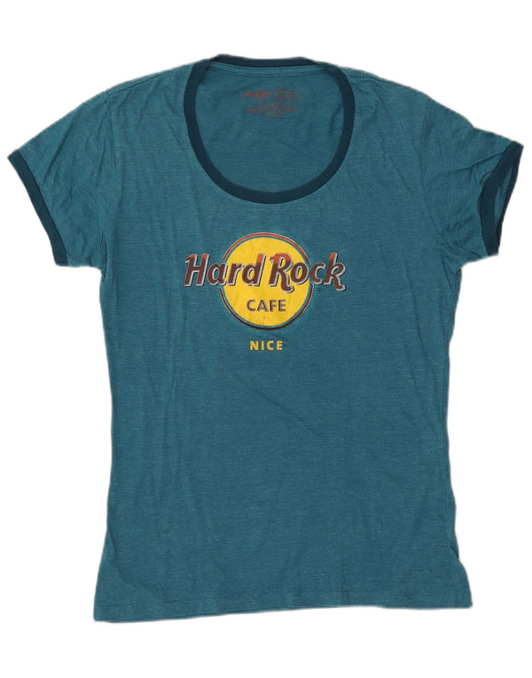 HARD ROCK CAFE Dame Flot Grafisk T-Shirt Top UK 14 Stor Blå Bomuld