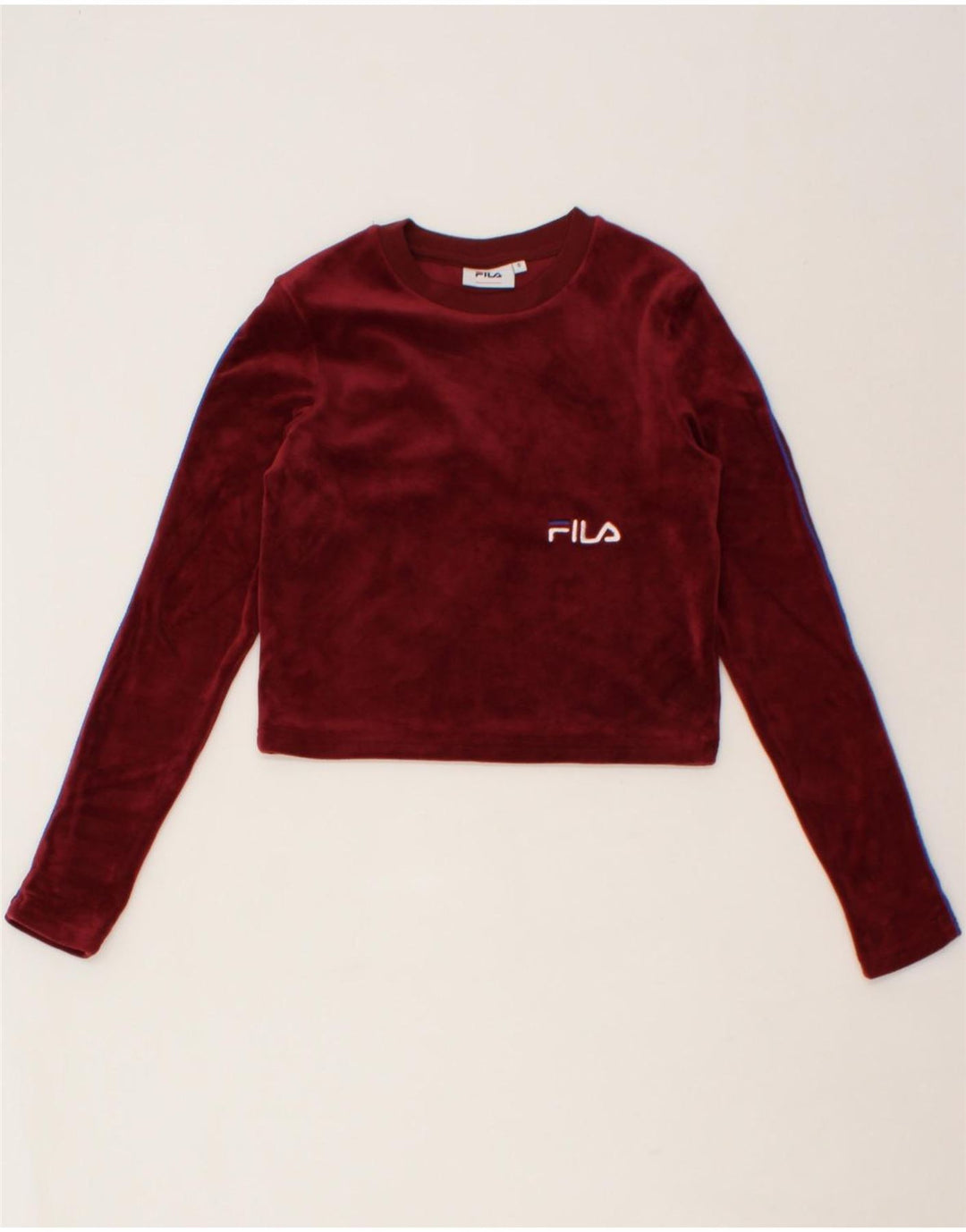FILA Womens Velour Crop Sweatshirt Jumper UK 10 Small Burgundy Polyester Vintage Fila and Second-Hand Fila from Messina Hembry 