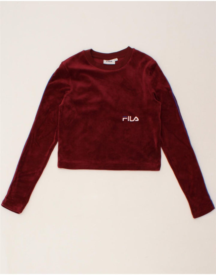 FILA Womens Velour Crop Sweatshirt Jumper UK 10 Small Burgundy Polyester Vintage Fila and Second-Hand Fila from Messina Hembry 