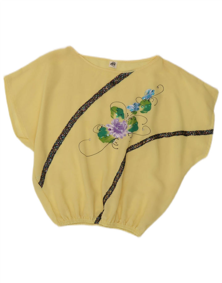 Vintage Womens Crop Bluse Top UK 14 Medium Yellow Floral Polyester