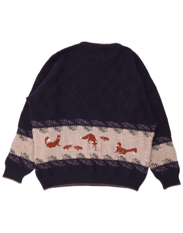 Vintage Herre grafisk rund hals sweater XL Lilla Colourblock Uld