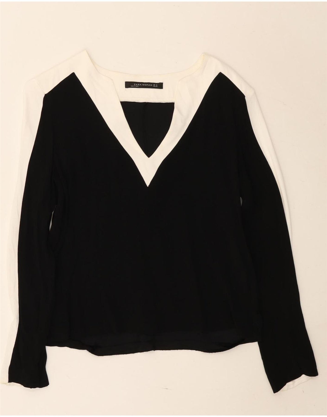Zara Dame Top Langærmet UK 14 Medium Sort Colourblock Viscose
