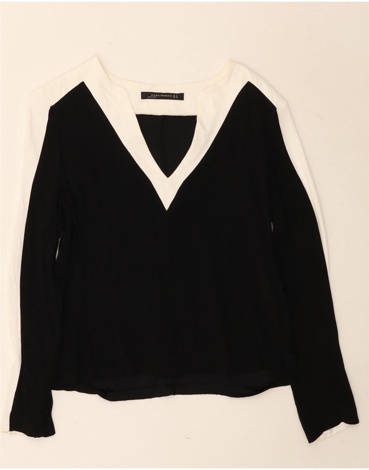Zara Dame Top Langærmet UK 14 Medium Sort Colourblock Viscose