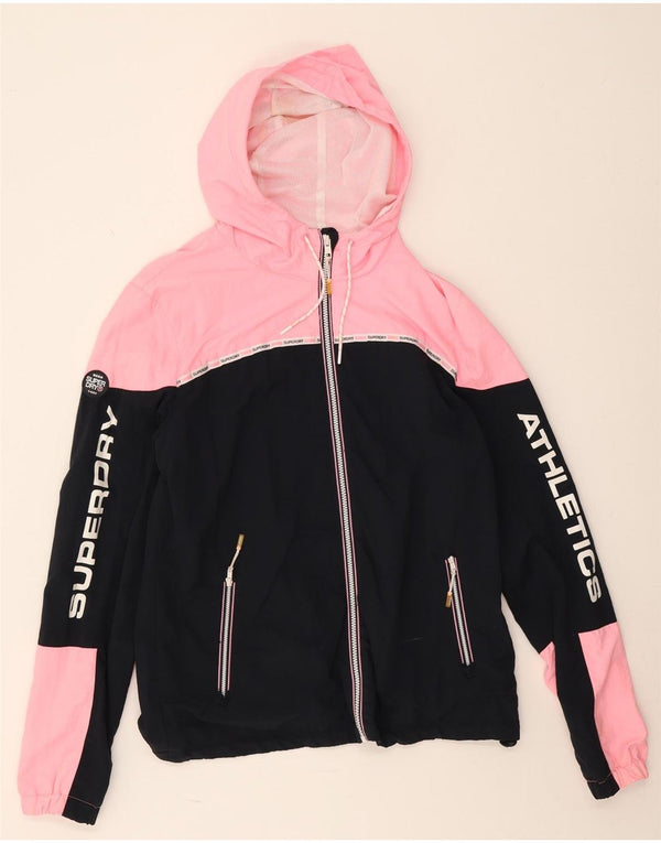 Superdry grafisk regnjakke med hætte til kvinder UK 18 XL Sort Colourblock Nylon