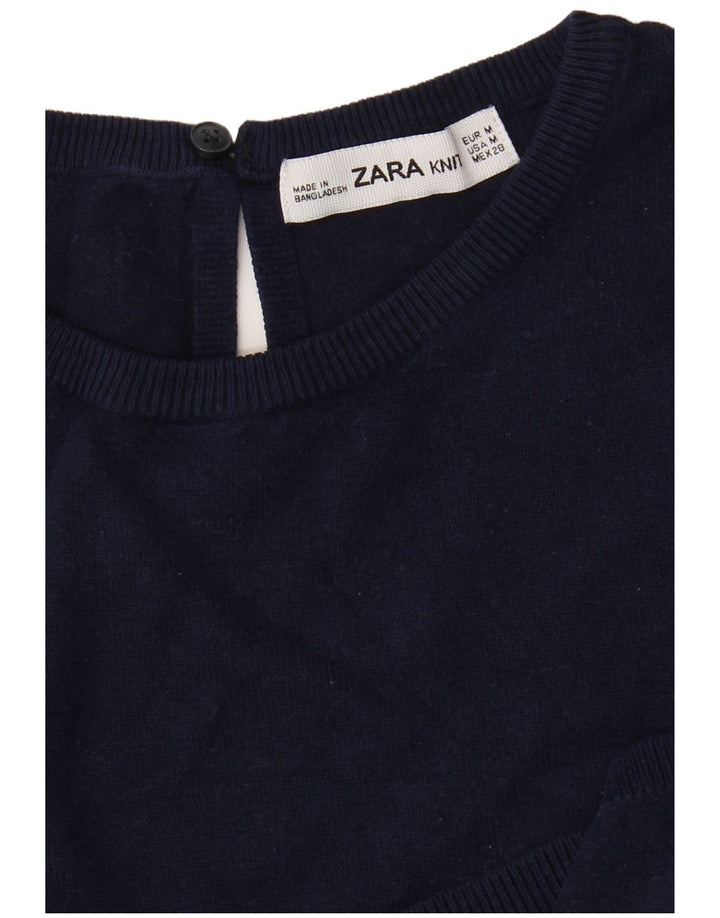Zara Dame Crop Crew Neck Jumper Sweater UK 12 Medium Navy Blue