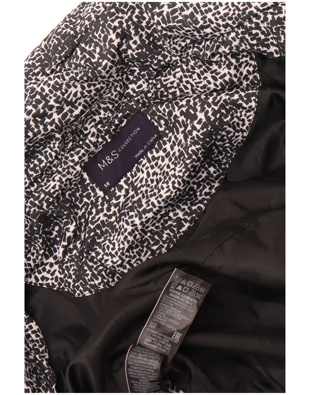 Marks & Spencer Polstret jakke til kvinder UK 14 Stor sort plettet polyester