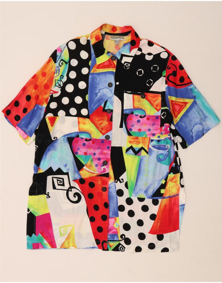 VINTAGE oversize skjorte til kvinder UK 10/12 Lille flerfarvet geometrisk