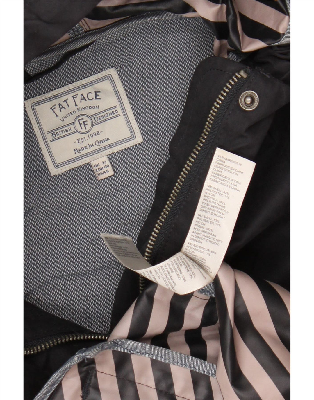 Fat Face Dame Hætte Regnjakke UK 12 Medium Navy Blue Polyester