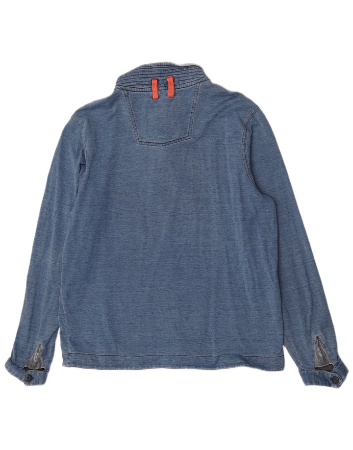 Fat Face Herre Button Neck Sweatshirt Jumper Stor Blå Nålestribet Bomuld