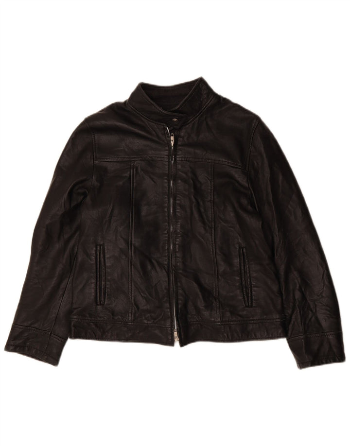 VINTAGE Dame Loose Fit Læderjakke UK 6 XS Sort Læder