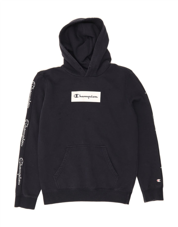 CHAMPION Mens Graphic Hoodie Jumper Medium Navy Blue Cotton Vintage Champion and Second-Hand Champion from Messina Hembry 