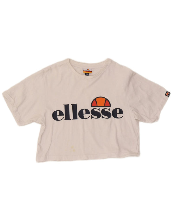 Ellesse Womens Crop Graphic T-Shirt Top UK 6 XS Hvid Bomuld
