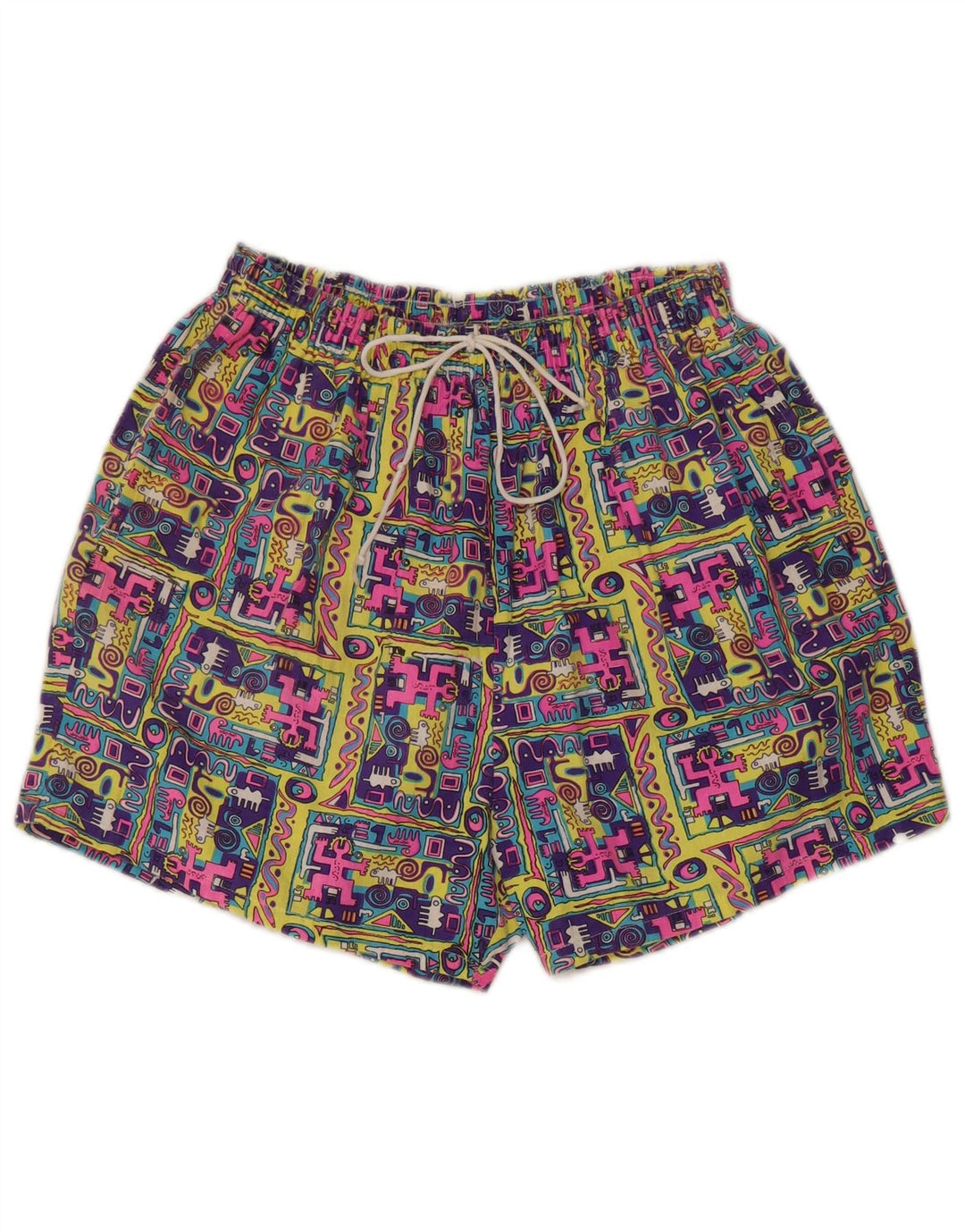 Vintage dameshorts med høj talje Small W27 flerfarvet patchwork bomuld