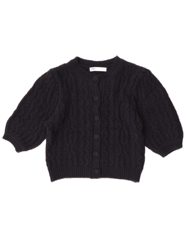 Zara Womens Crop Short Sleeve Cardigan Sweater UK 12 Medium Navy Blue