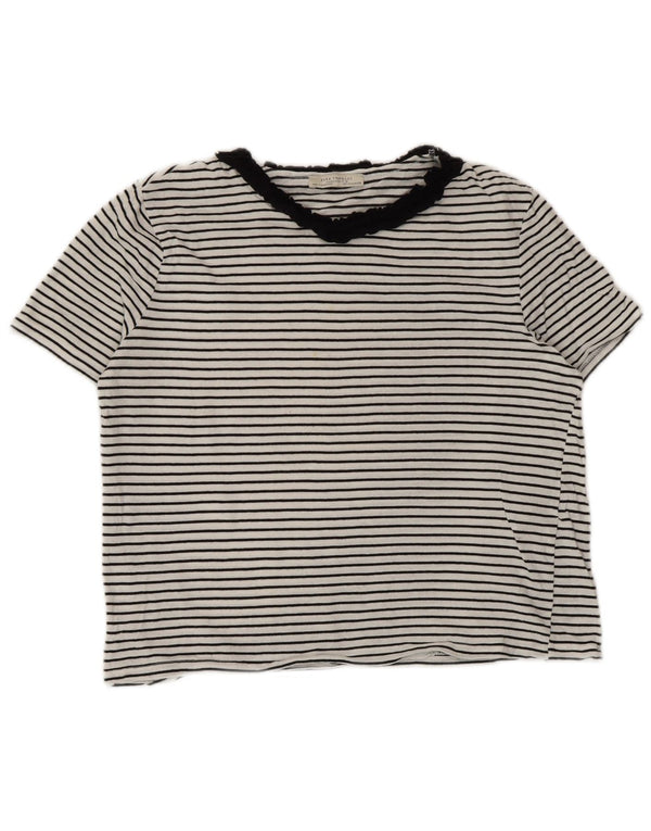 Zara Dame T-Shirt Top UK 12 Medium Hvid Stribet Bomuld