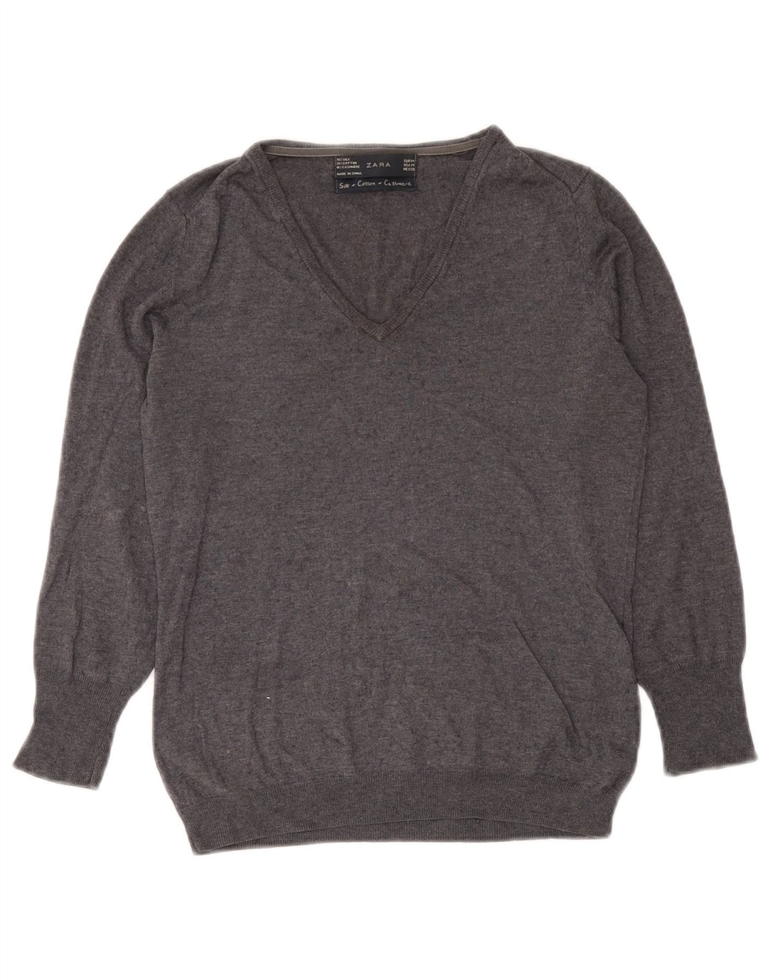 Zara Dame V-hals sweater UK 12 Medium Grå Silke