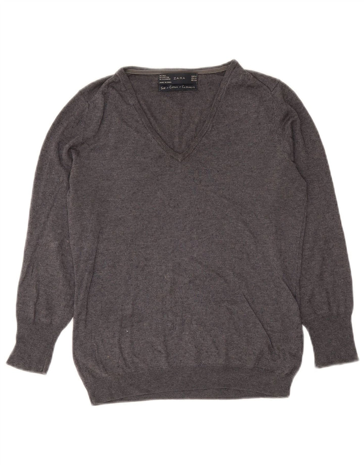 Zara Dame V-hals sweater UK 12 Medium Grå Silke