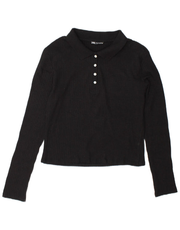 Zara Dame Langærmet Polo Shirt UK 16 Large Black