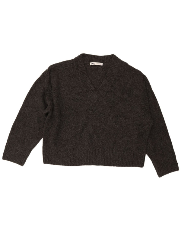 ZARA Dame Oversized Crop V-hals Jumper Sweater UK 10 Small Grey