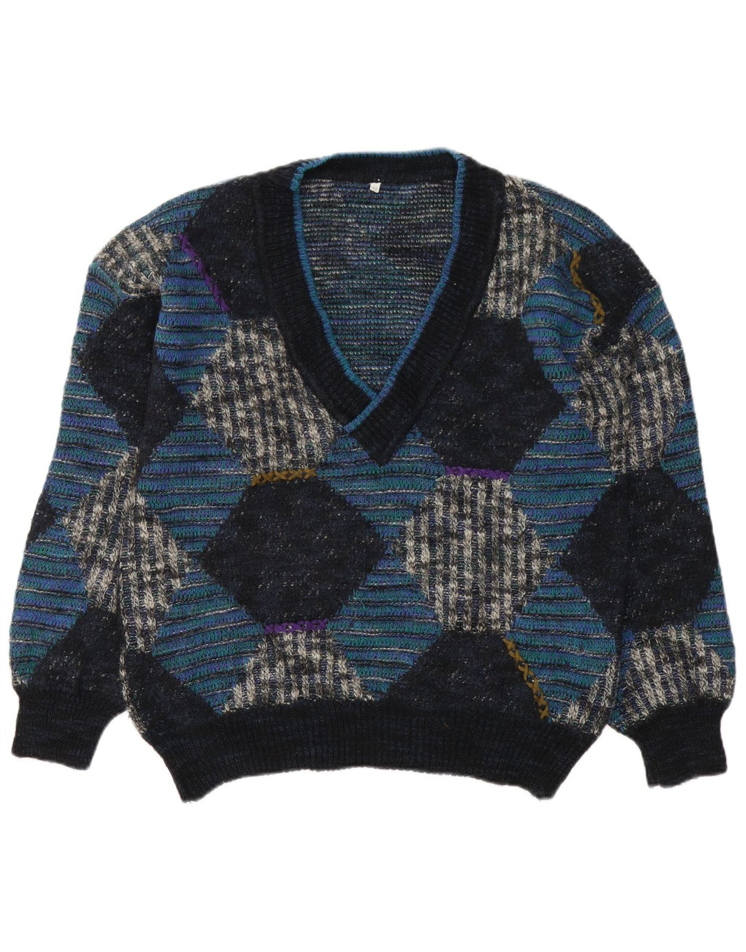 Vintage Herre V-hals sweater IT 48 Medium Blue Argyle/Diamond Wool