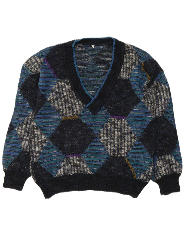 Vintage Herre V-hals sweater IT 48 Medium Blue Argyle/Diamond Wool