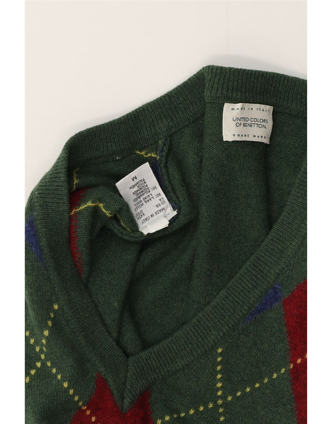 BENETTON Herre V-hals sweater Medium Green Argyle/Diamond Wool