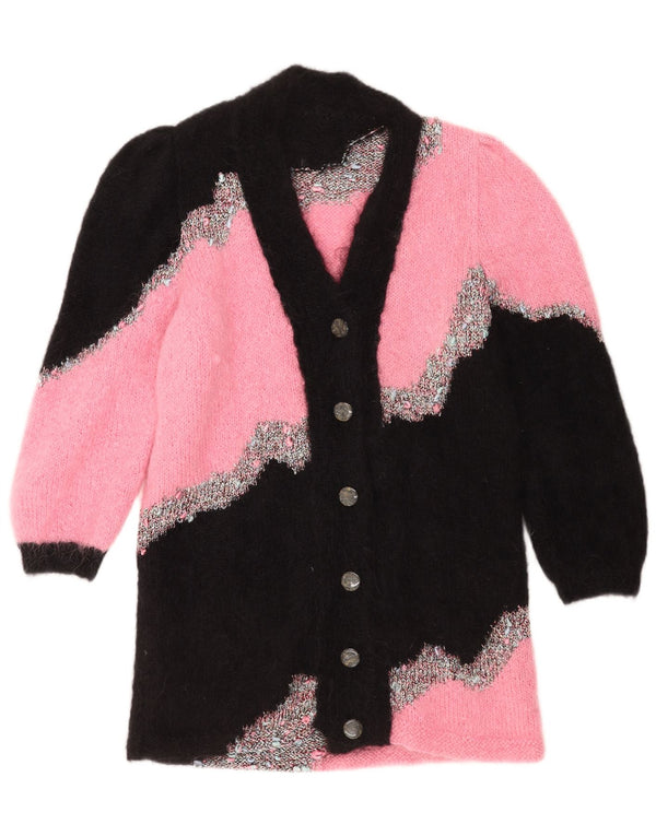 Vintage Dame Longline Cardigan Sweater UK 14 Medium Pink Colourblock