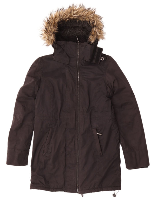 Superdry Womens Hooded Parka Jacket UK 14 Large Black Polyester