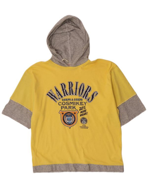 Vintage grafisk t-shirt med hætte til mænd, stor gul farveblok
