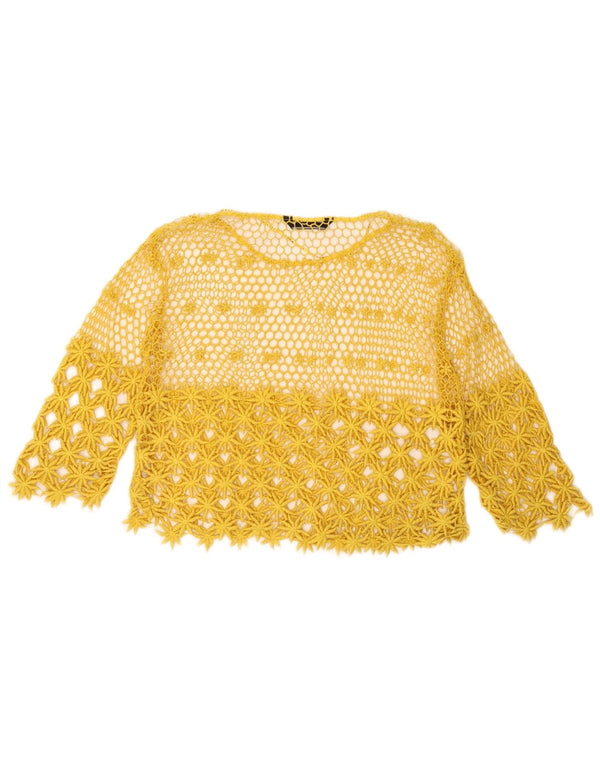 Zara Dame gennemsigtig hæklet Top 3/4 ærmer UK 14 Medium Gul