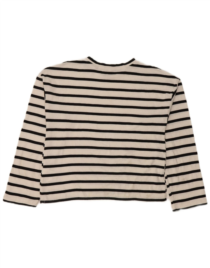 Zara Dame Top Langærmet UK 14 Medium Hvid Stribet Viscose