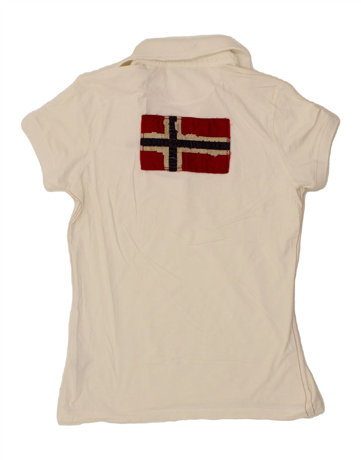 NAPAPIJRI Womens Graphic Polo Shirt UK 12 Medium Off White Vintage Napapijri and Second-Hand Napapijri from Messina Hembry 