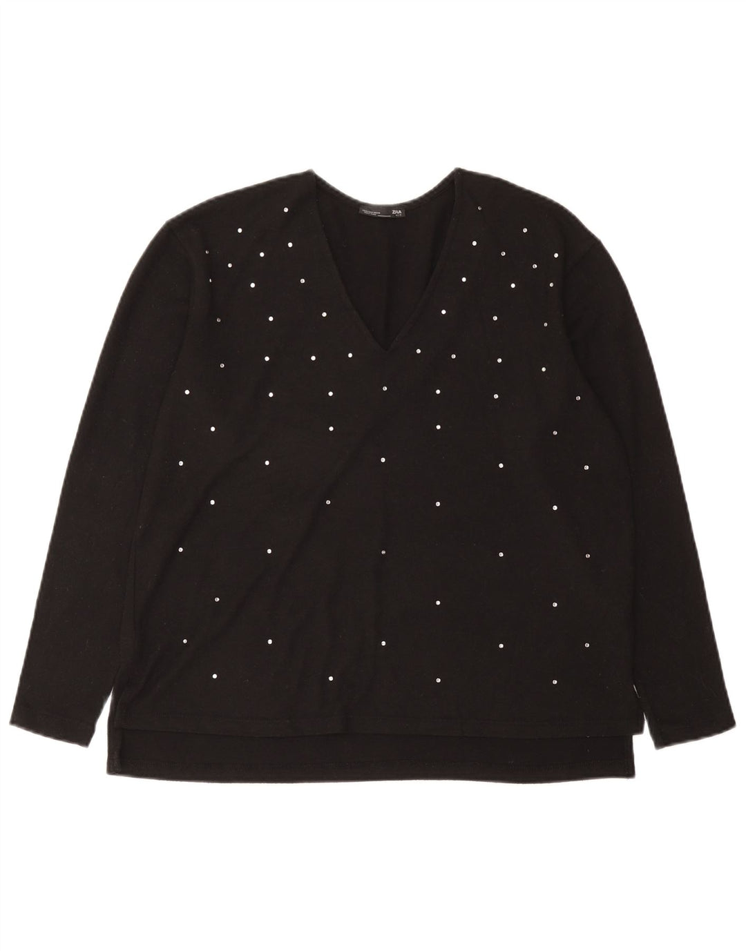 Zara Dame Top Langærmet UK 14 Medium Sort Plettet Polyester