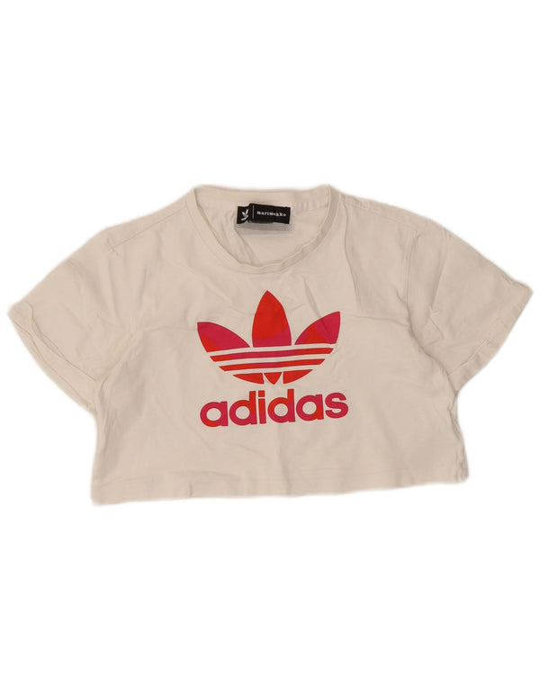 Adidas Womens Crop Graphic T-Shirt Top UK 6 XS Hvid Bomuld