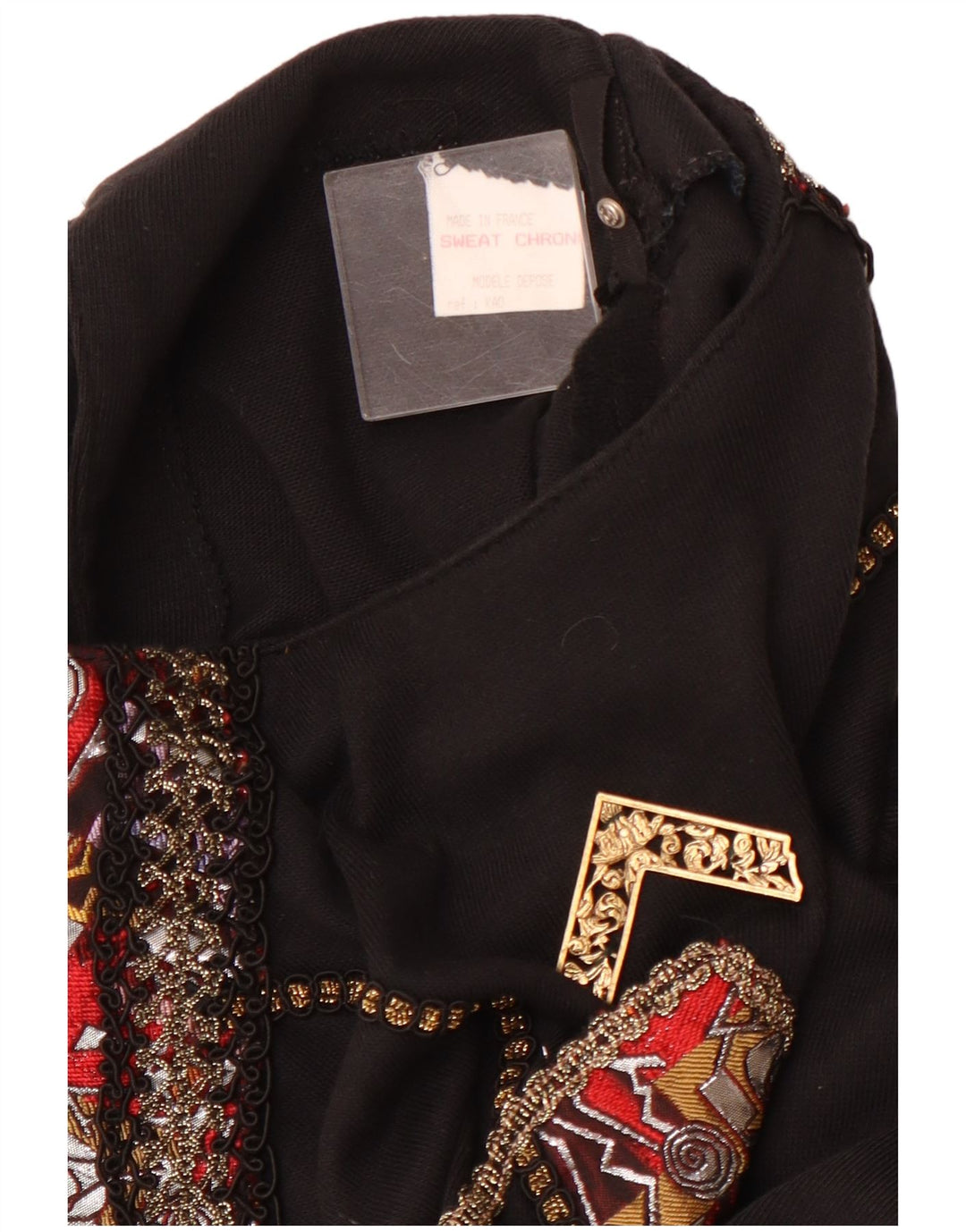 VINTAGE Grafisk Langærmet Bluse Top UK 12 Medium Sort Akryl