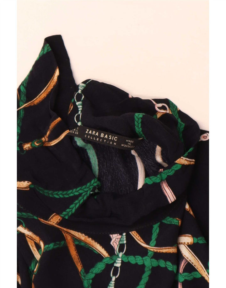 Zara Dame Abstrakt Mønster Langærmet Tiered Kjole UK 16 Large Navy Blue