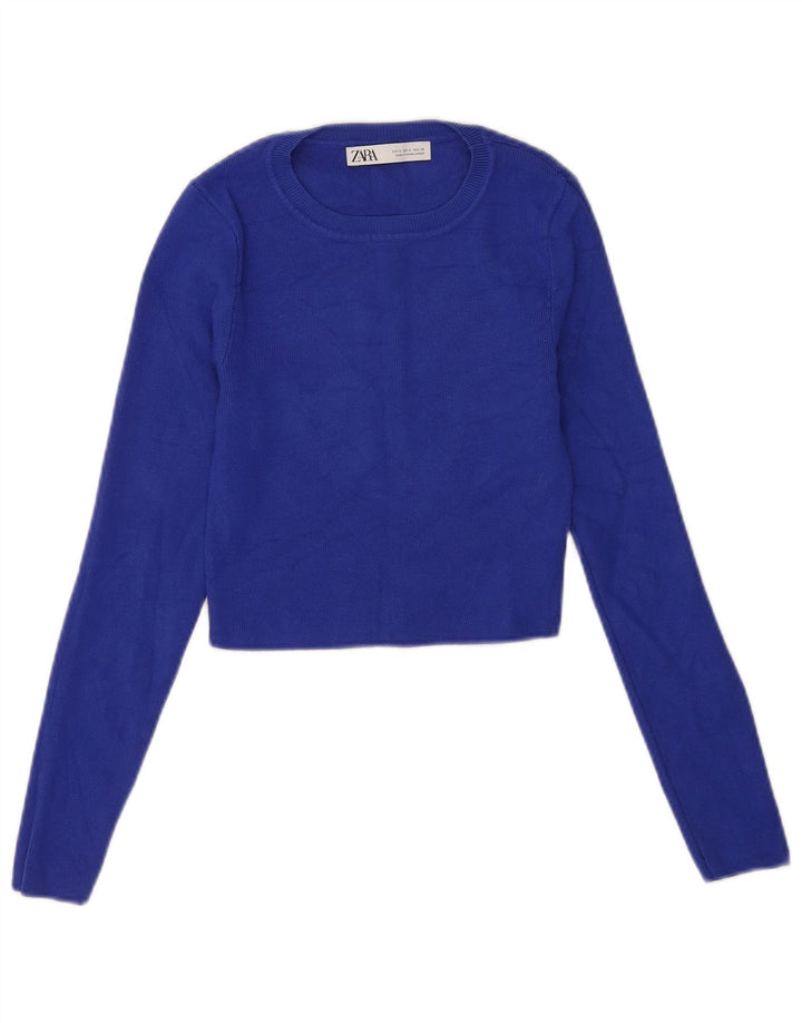 Zara Womens Crop Top Langærmet UK 8 Small Blue Viscose