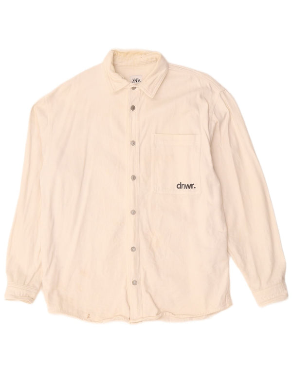 Zara Herre Graphic Relaxed Fit Denim Shirt Medium White Bomuld