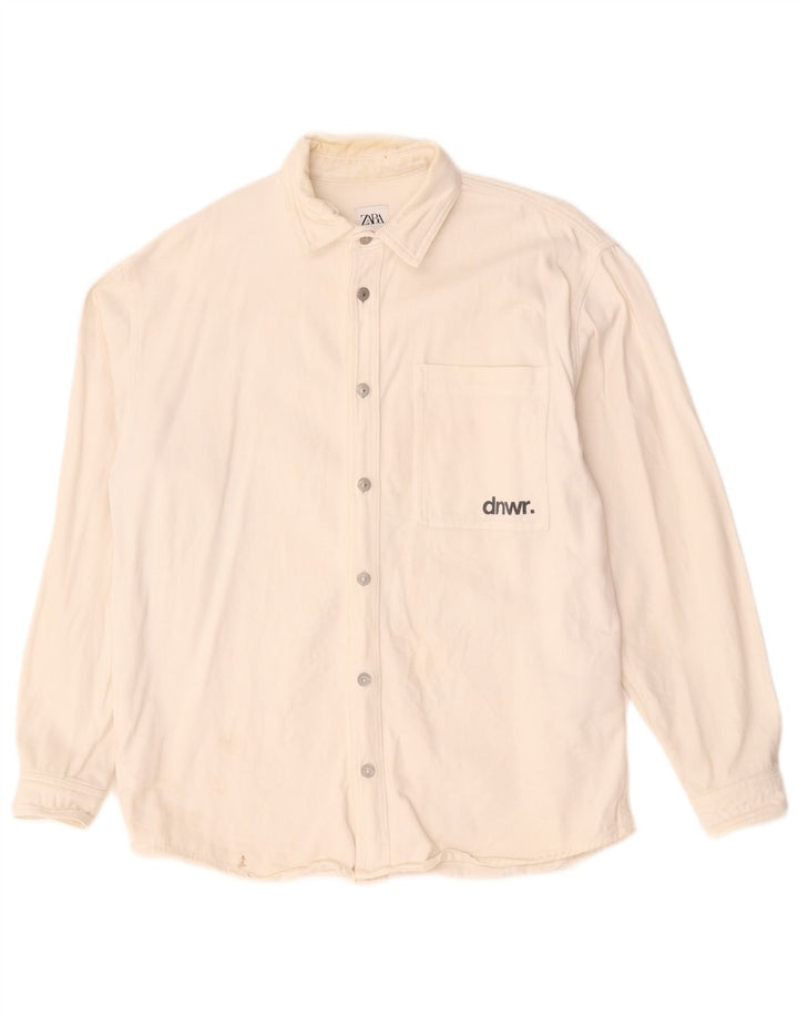 Zara Herre Graphic Relaxed Fit Denim Shirt Medium White Bomuld