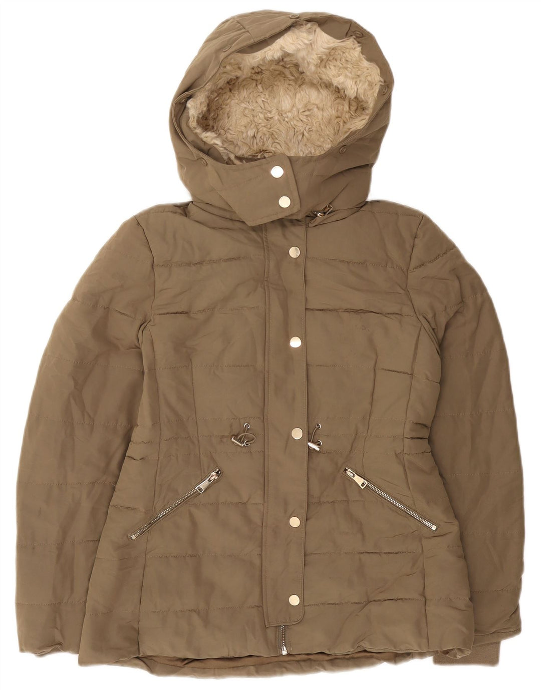 Zara Dame Hætte Sherpa Polstret Jakke UK 10 Small Khaki Polyester