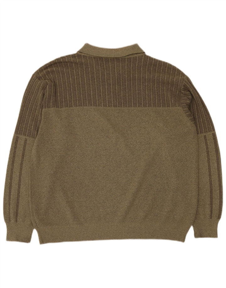 BREIDHOF Herre Polo Neck Jumper Sweater Stor Khaki Stribet Polyacryl